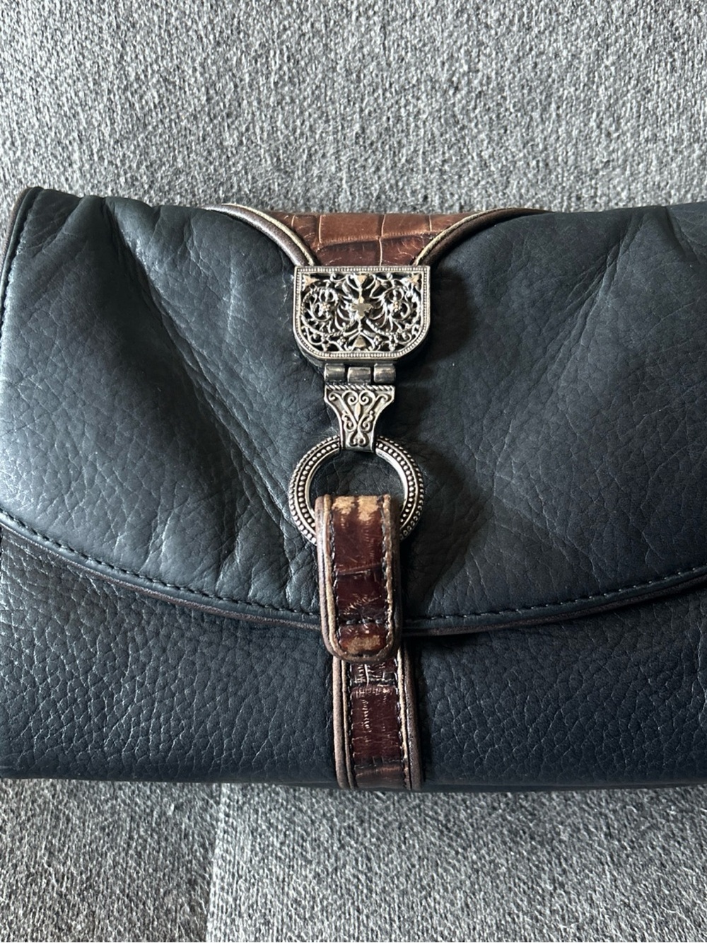 Brighton Nepal Organizer Handbag Black Pebbled Leather & Croco-Embossed Leather
